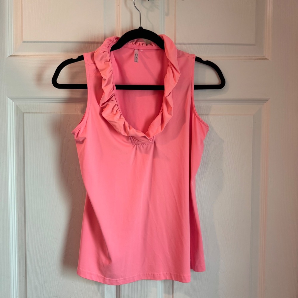Lulu-B Sleeveless Top Women S Coral Pink Ruffle V-Neck Golf Sporty Tank 5454